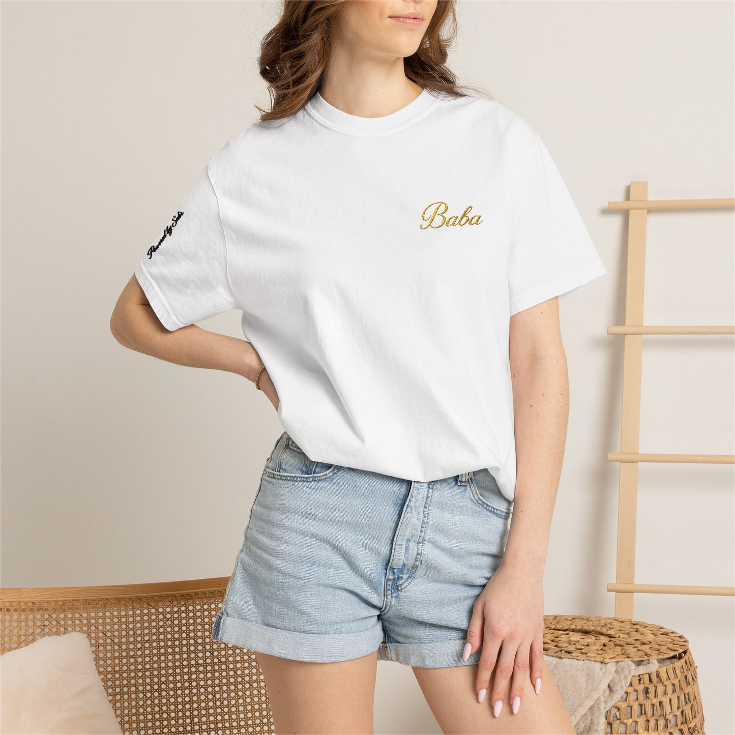 Embroidered gold "Baba" Script Chest T-shirt
