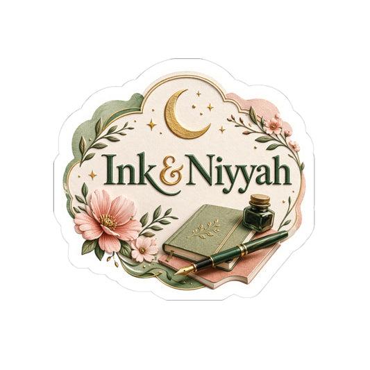 Ink & Niyyah Sticker — Floral Notebook, Pen & Crescent Moon Vinyl Sticker for Writers and Muslim Creatives