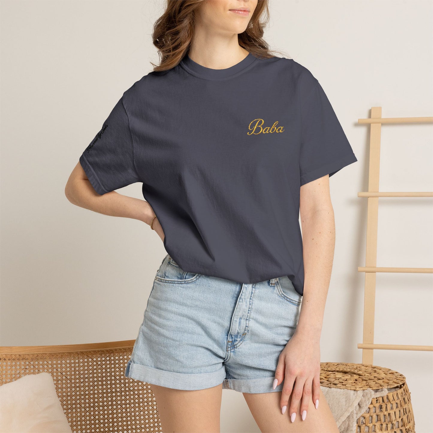Embroidered gold "Baba" Script Chest T-shirt