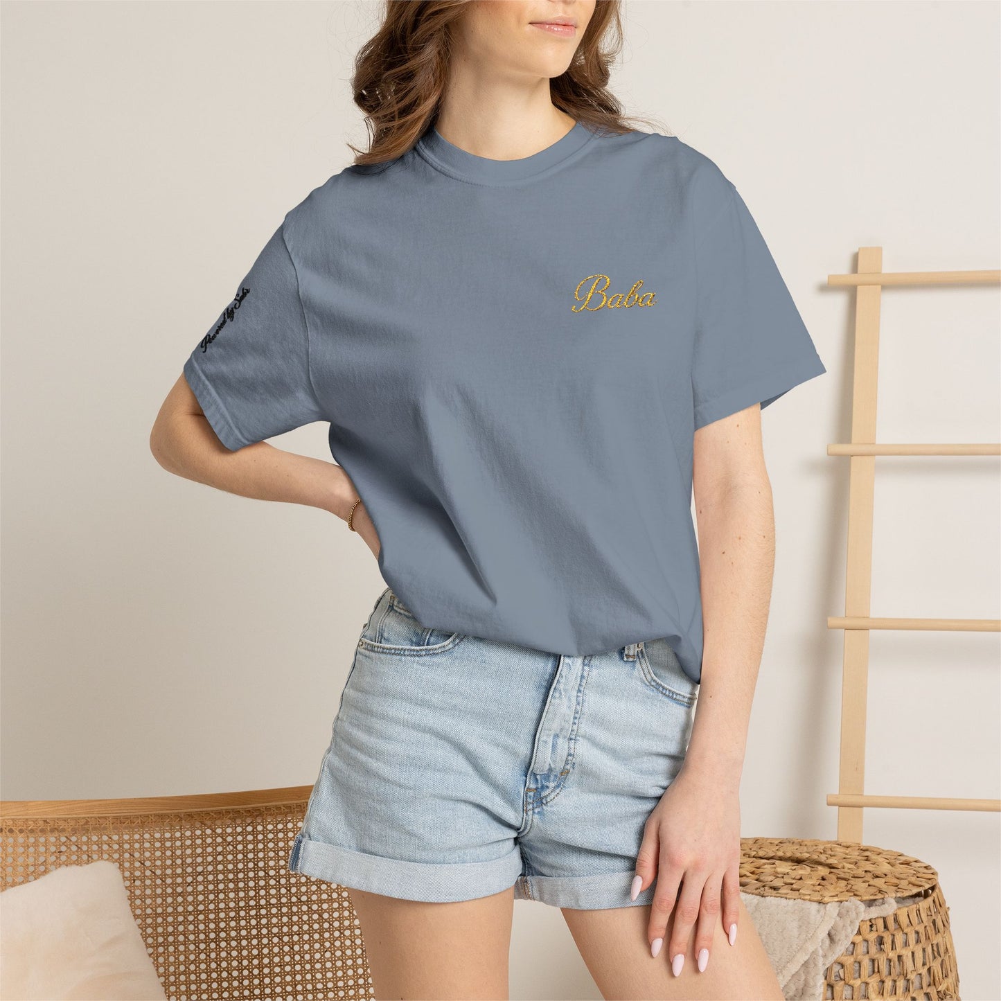 Embroidered gold "Baba" Script Chest T-shirt