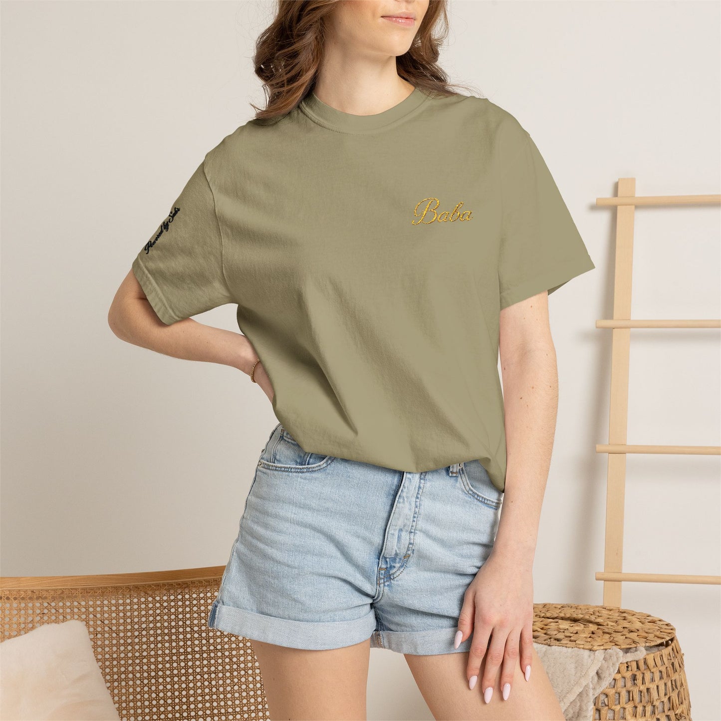 Embroidered gold "Baba" Script Chest T-shirt
