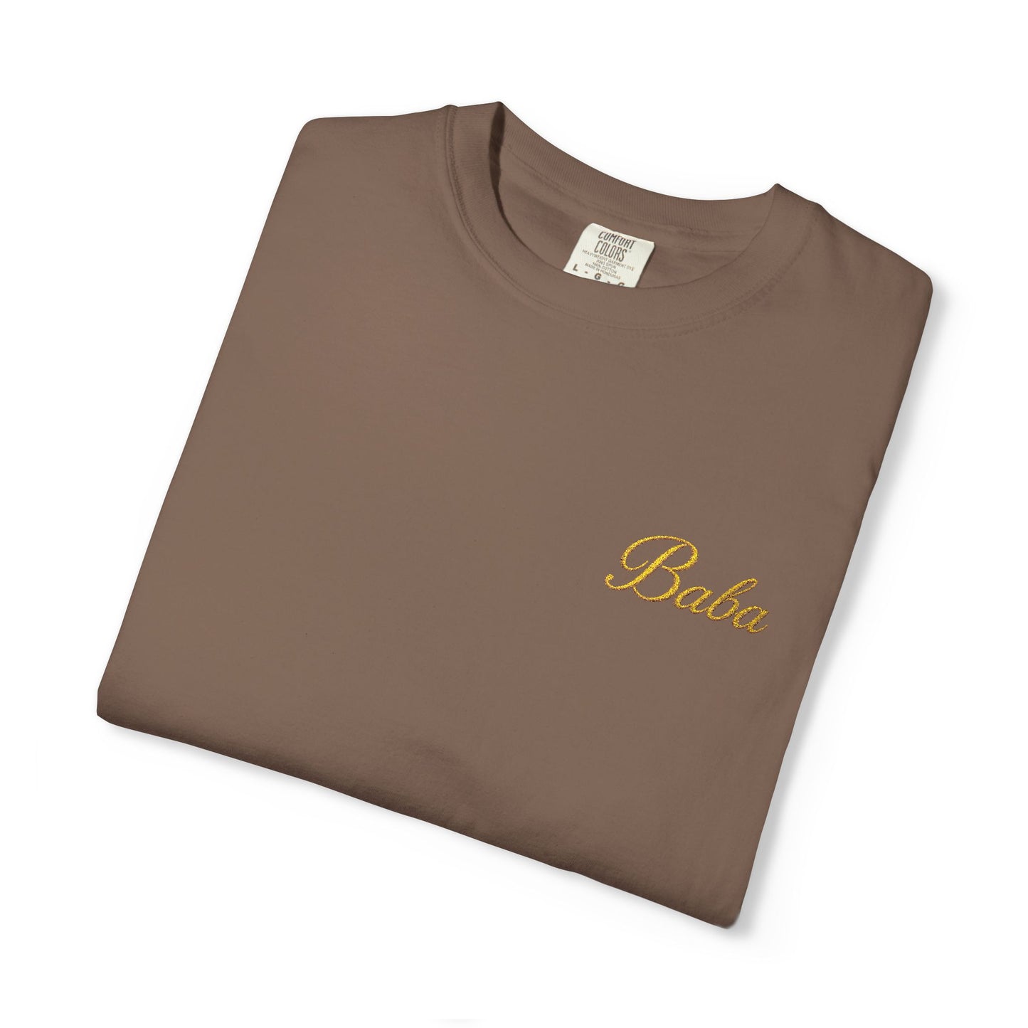 Embroidered gold "Baba" Script Chest T-shirt