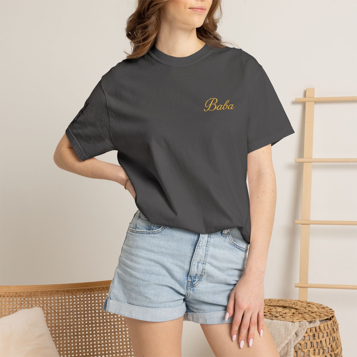 Embroidered gold "Baba" Script Chest T-shirt