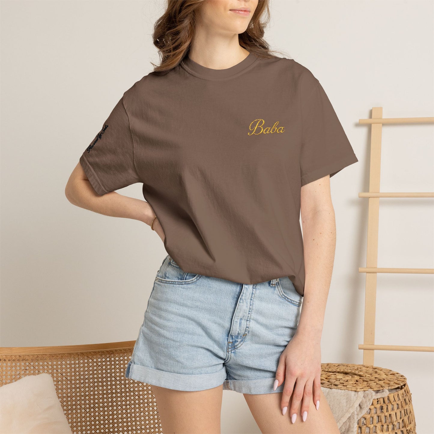 Embroidered gold "Baba" Script Chest T-shirt