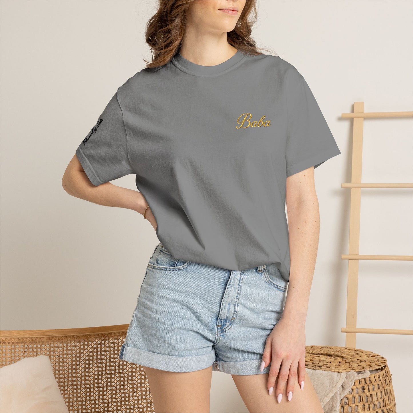 Embroidered gold "Baba" Script Chest T-shirt