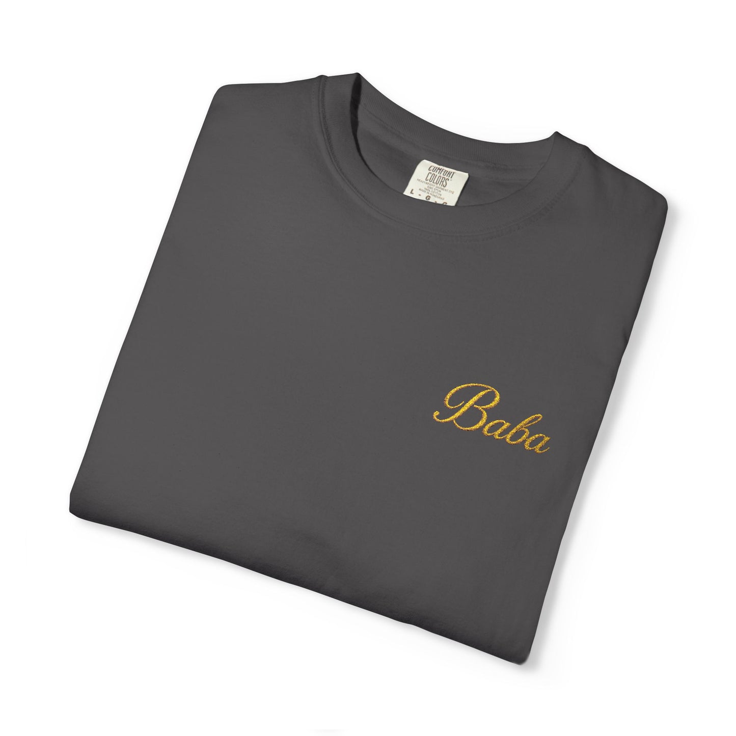 Embroidered gold "Baba" Script Chest T-shirt