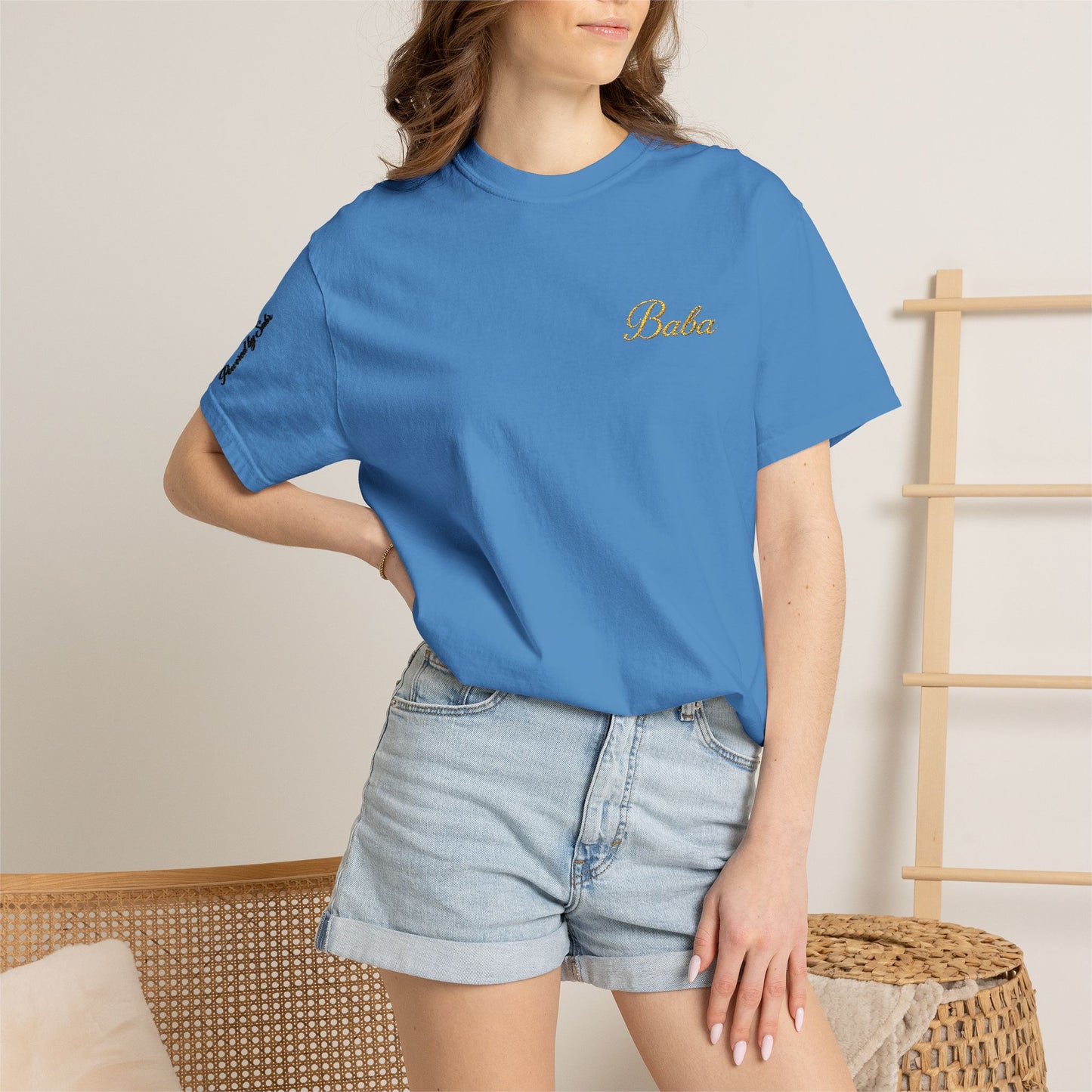 Embroidered gold "Baba" Script Chest T-shirt