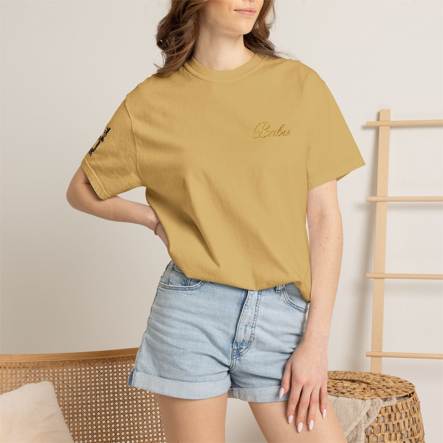 Embroidered gold "Baba" Script Chest T-shirt