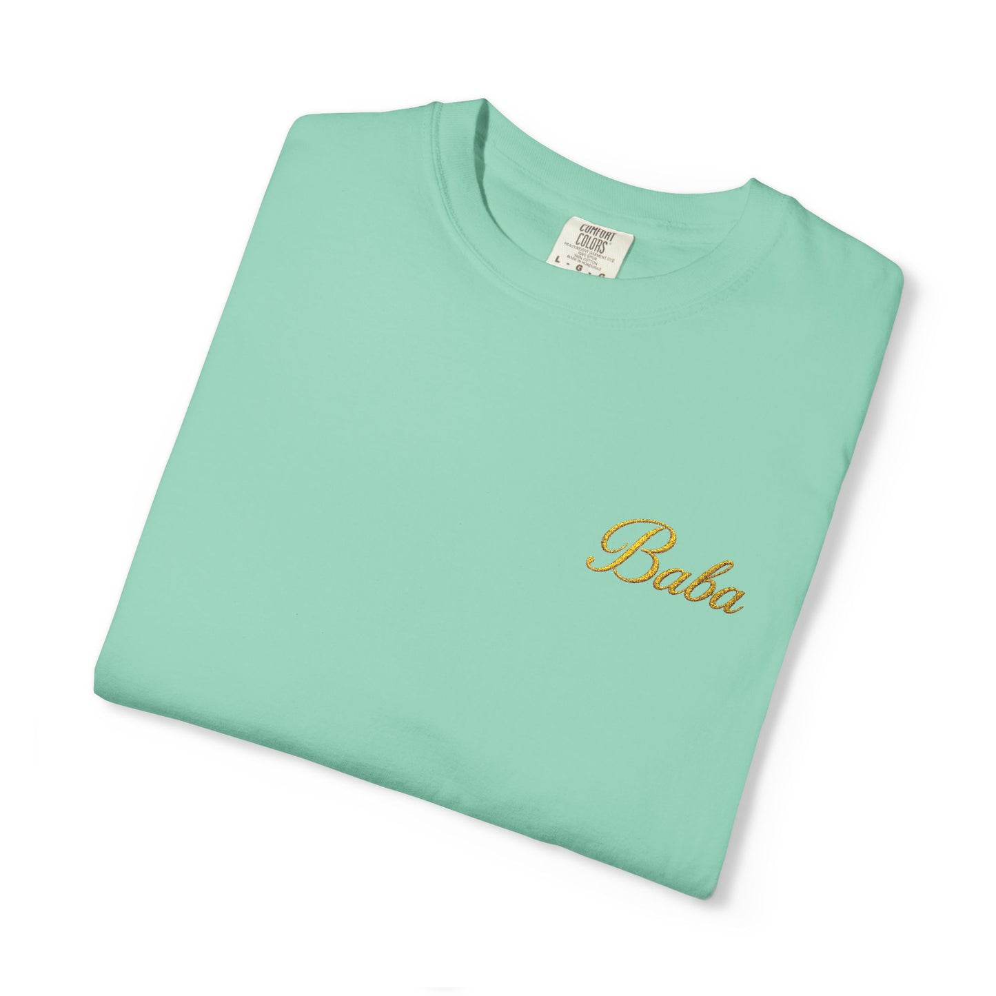 Embroidered gold "Baba" Script Chest T-shirt