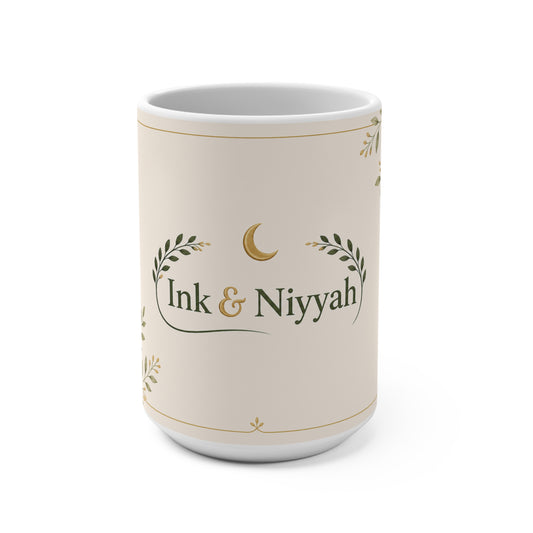 15oz Ceramic Mug — 'Ink & Niyyah' Floral Crescent Design