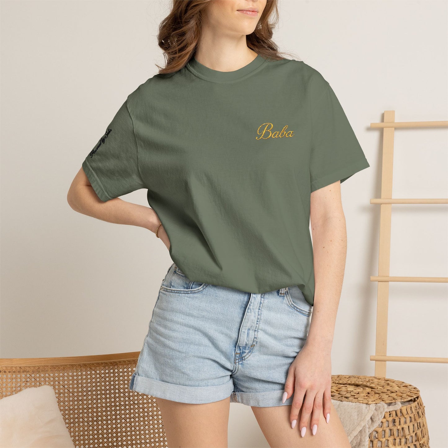 Embroidered gold "Baba" Script Chest T-shirt
