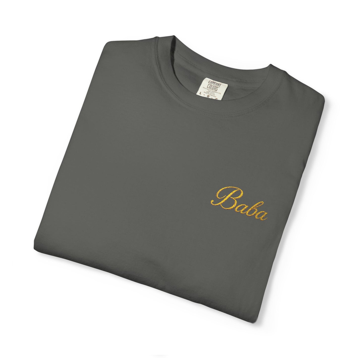 Embroidered gold "Baba" Script Chest T-shirt