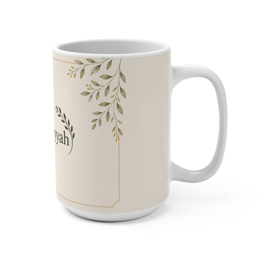 15oz Ceramic Mug — 'Ink & Niyyah' Floral Crescent Design
