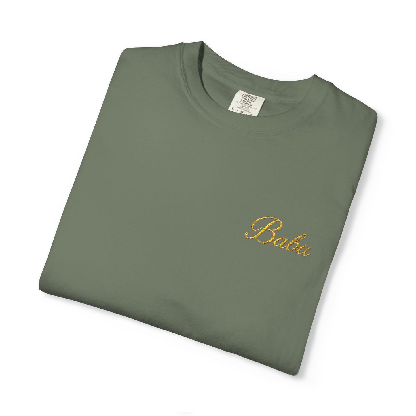 Embroidered gold "Baba" Script Chest T-shirt