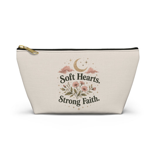 Accessory Pouch — "Soft Hearts, Strong Faith" Floral Cosmetic Bag