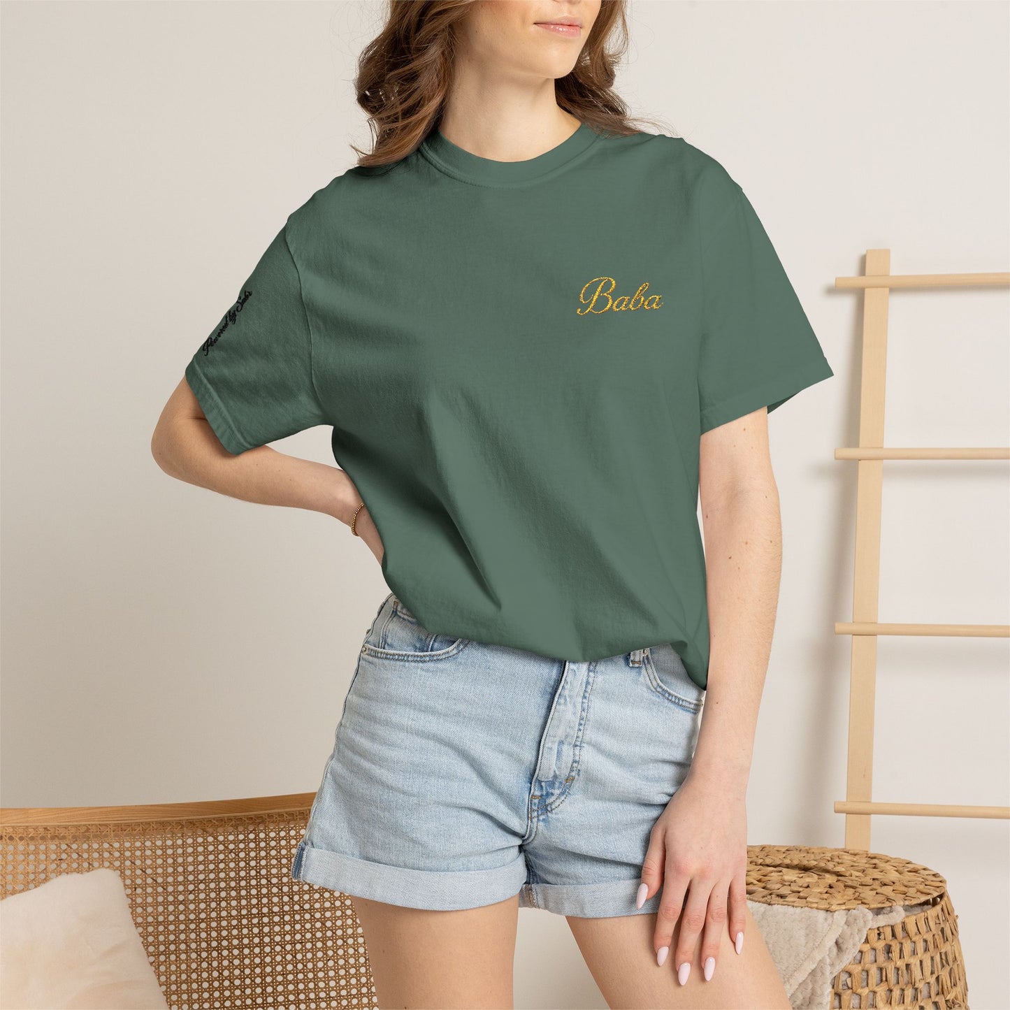 Embroidered gold "Baba" Script Chest T-shirt