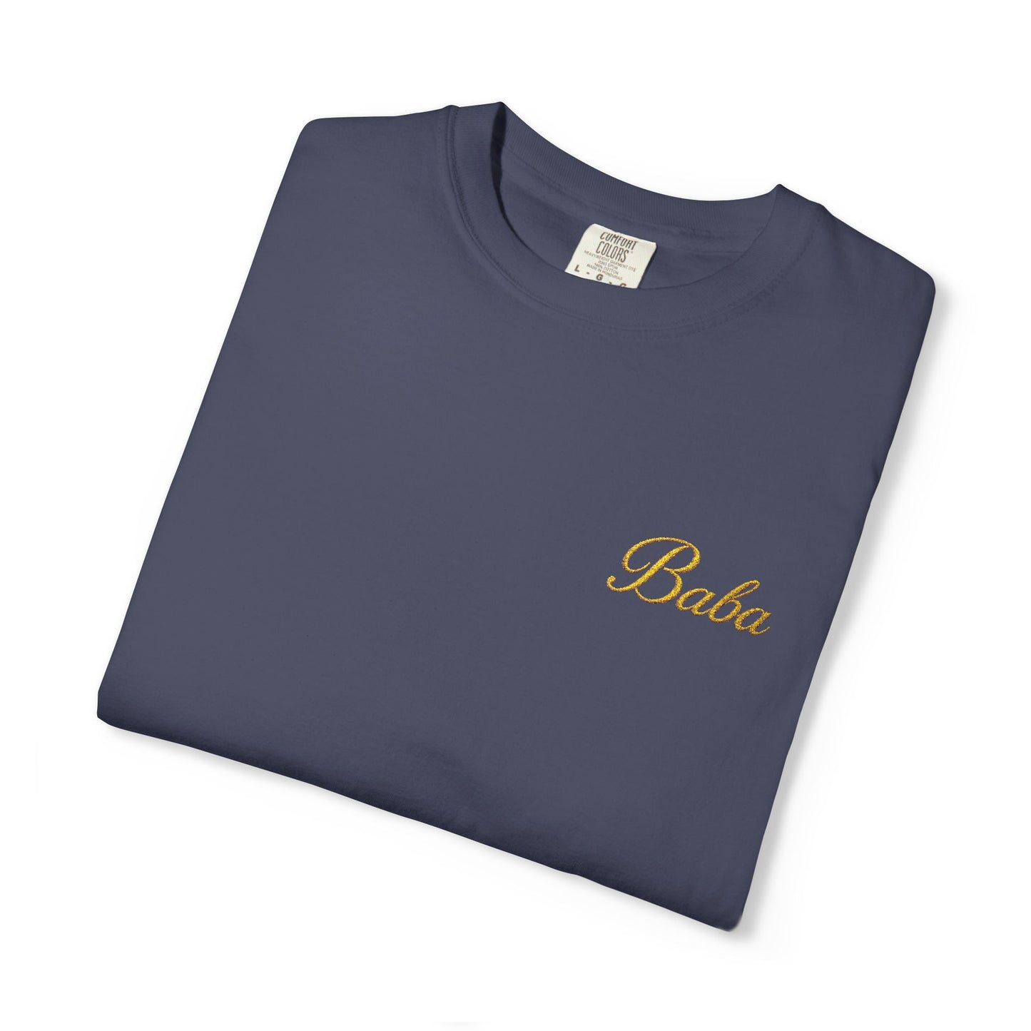 Embroidered gold "Baba" Script Chest T-shirt