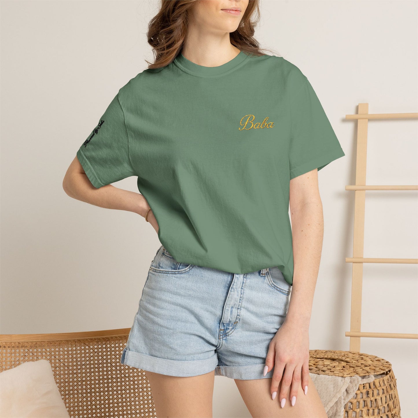 Embroidered gold "Baba" Script Chest T-shirt