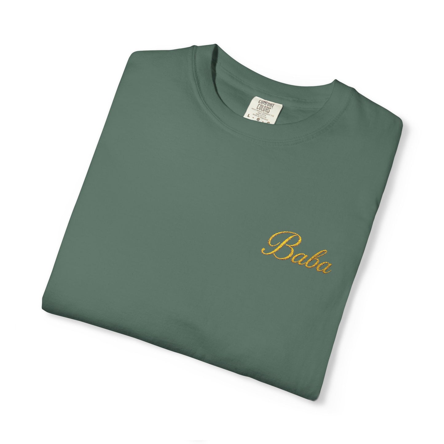 Embroidered gold "Baba" Script Chest T-shirt