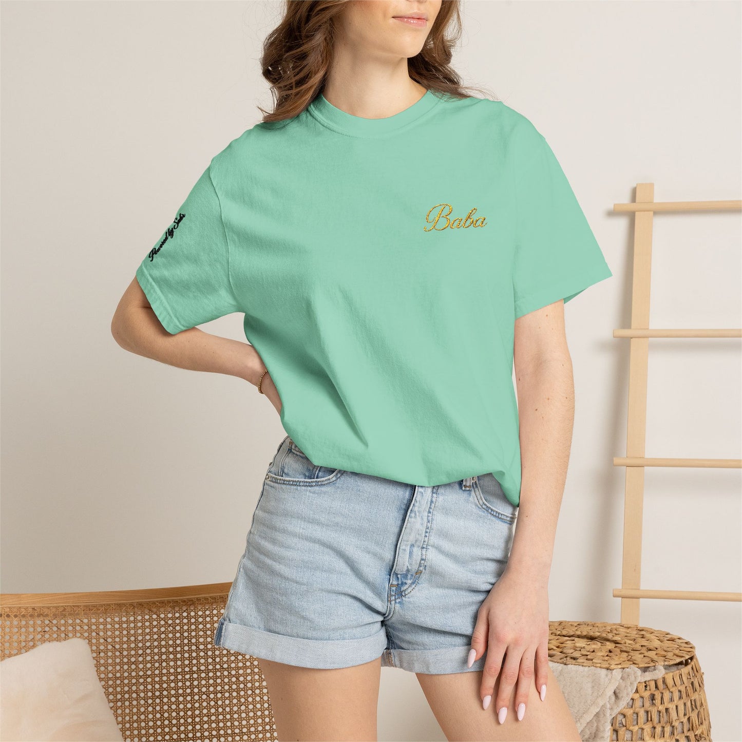 Embroidered gold "Baba" Script Chest T-shirt