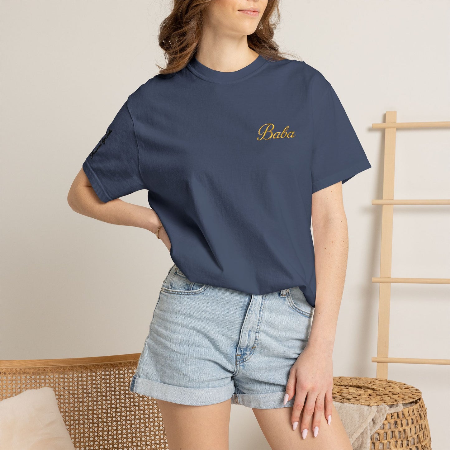 Embroidered gold "Baba" Script Chest T-shirt
