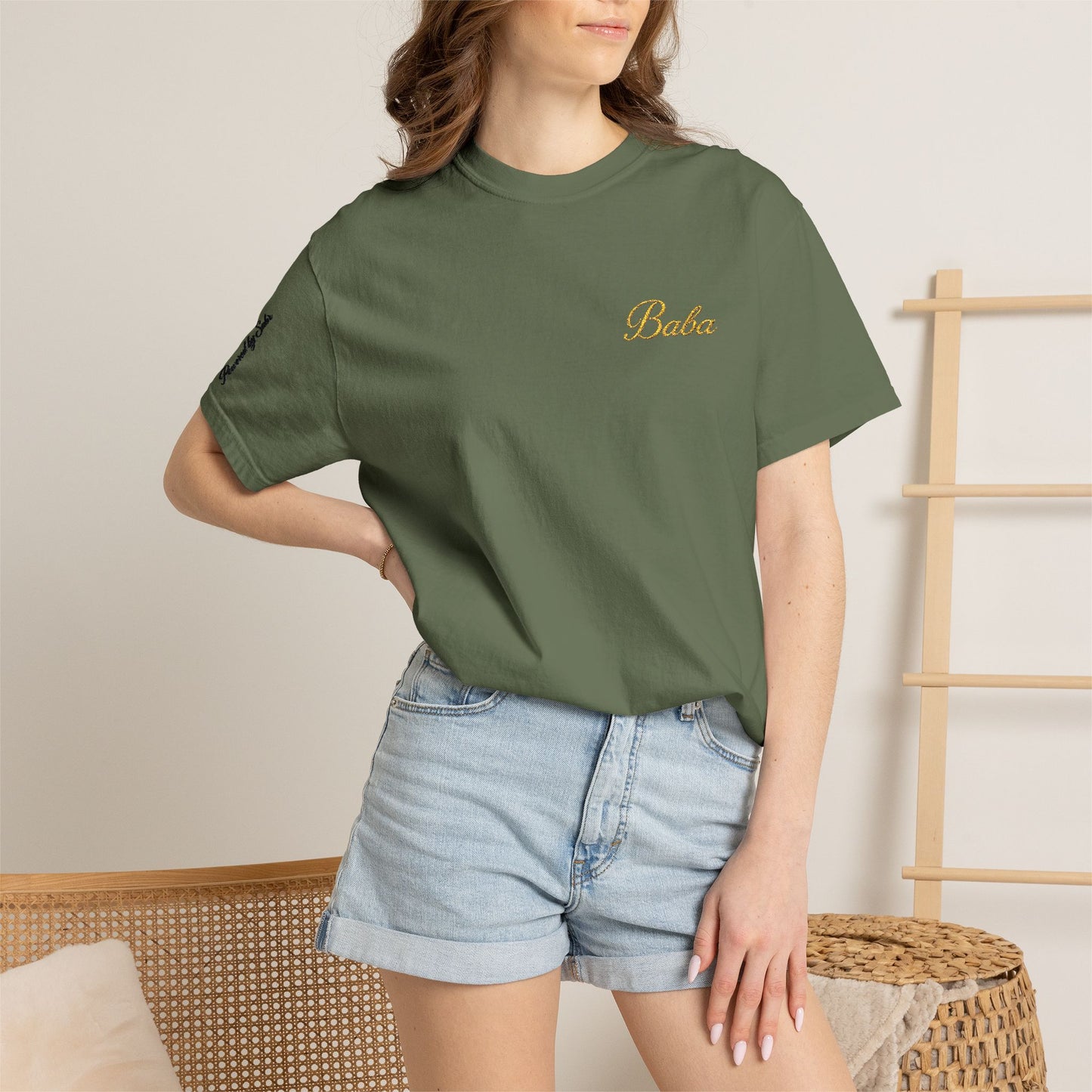 Embroidered gold "Baba" Script Chest T-shirt