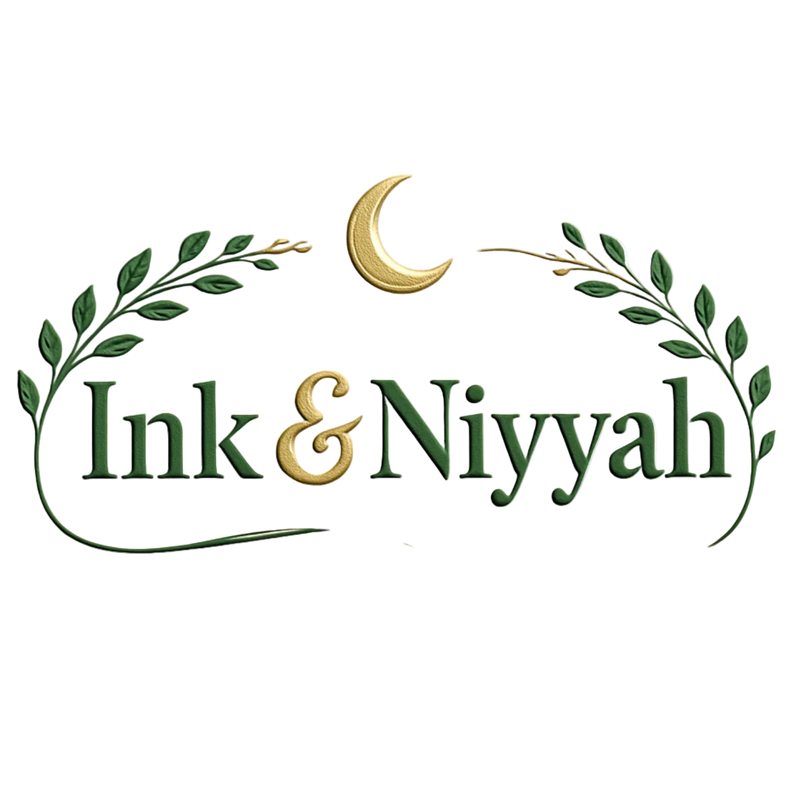 Logo of 'Ink & Niyyah' with green leaves and a gold crescent moon on a white background